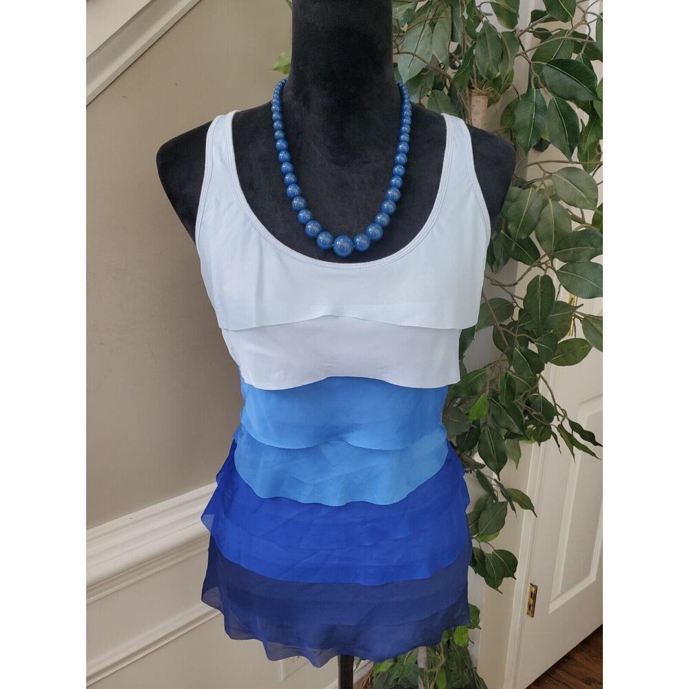 APT.9 Womens Blue Sleeveless Tiered Ruffle Scoop Neck Top Blouse Size Small